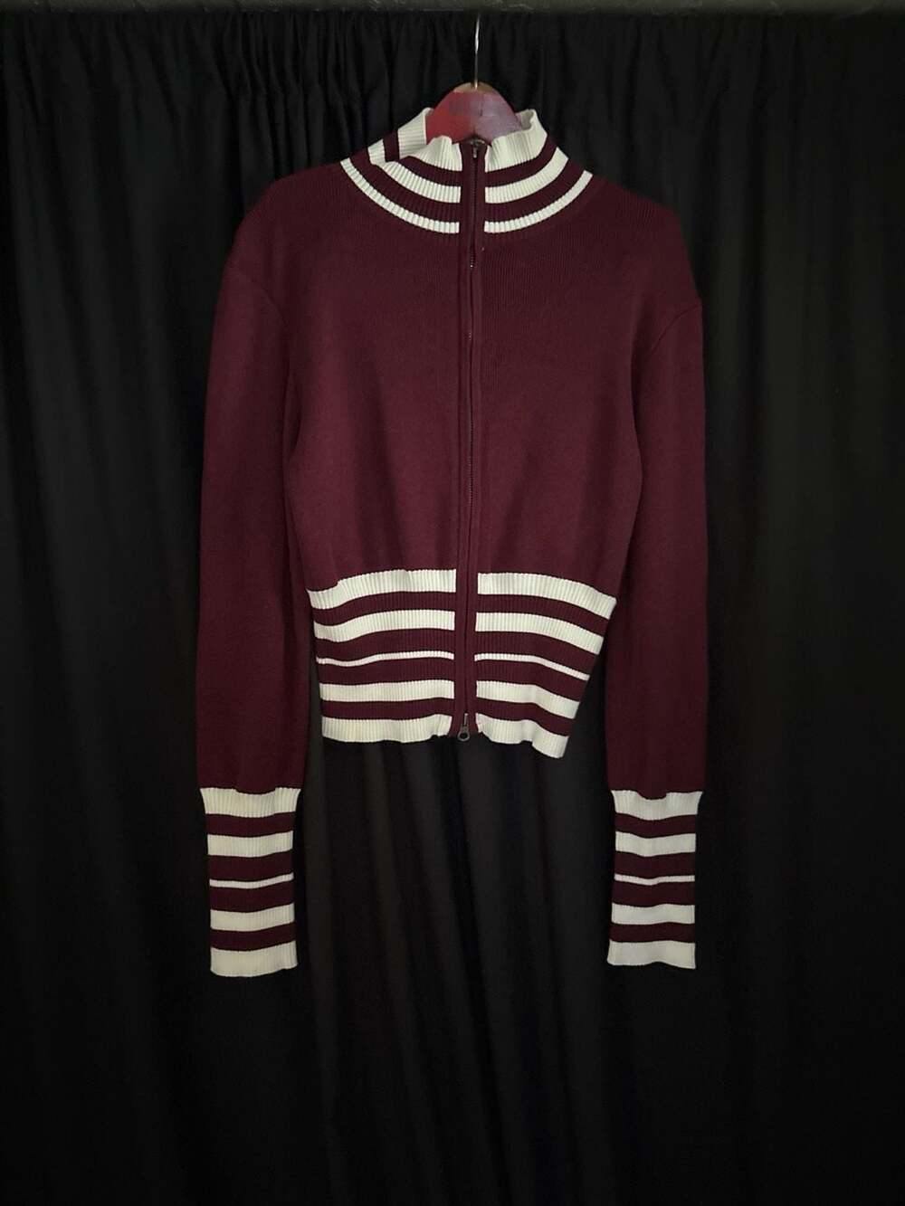 SO Juniors' Varsity Striped Full-Zip Ribbed Sweater, Maroon/White, Size L